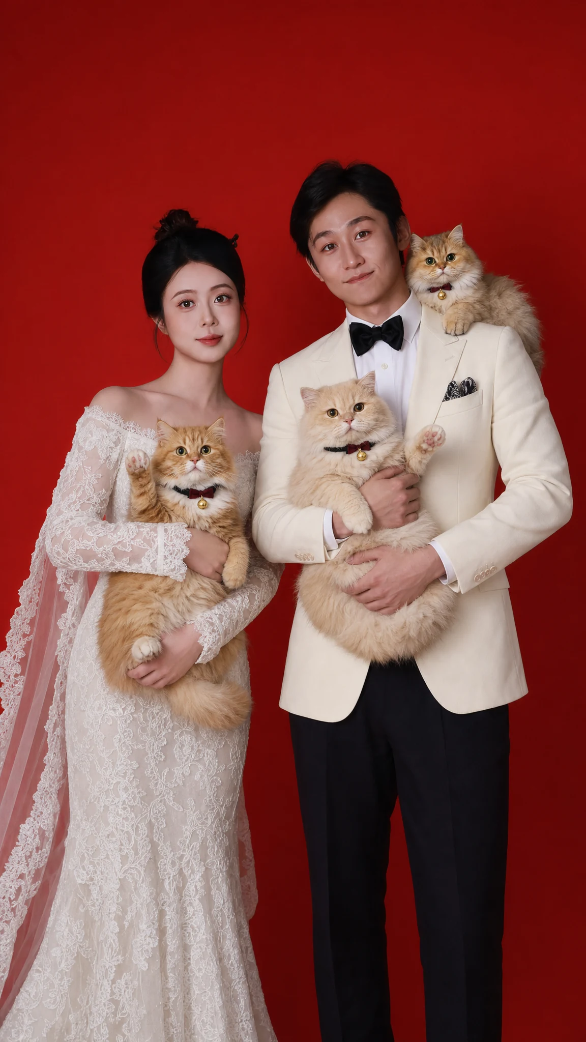 杨思然、苏思嘉和三只猫的婚礼合照